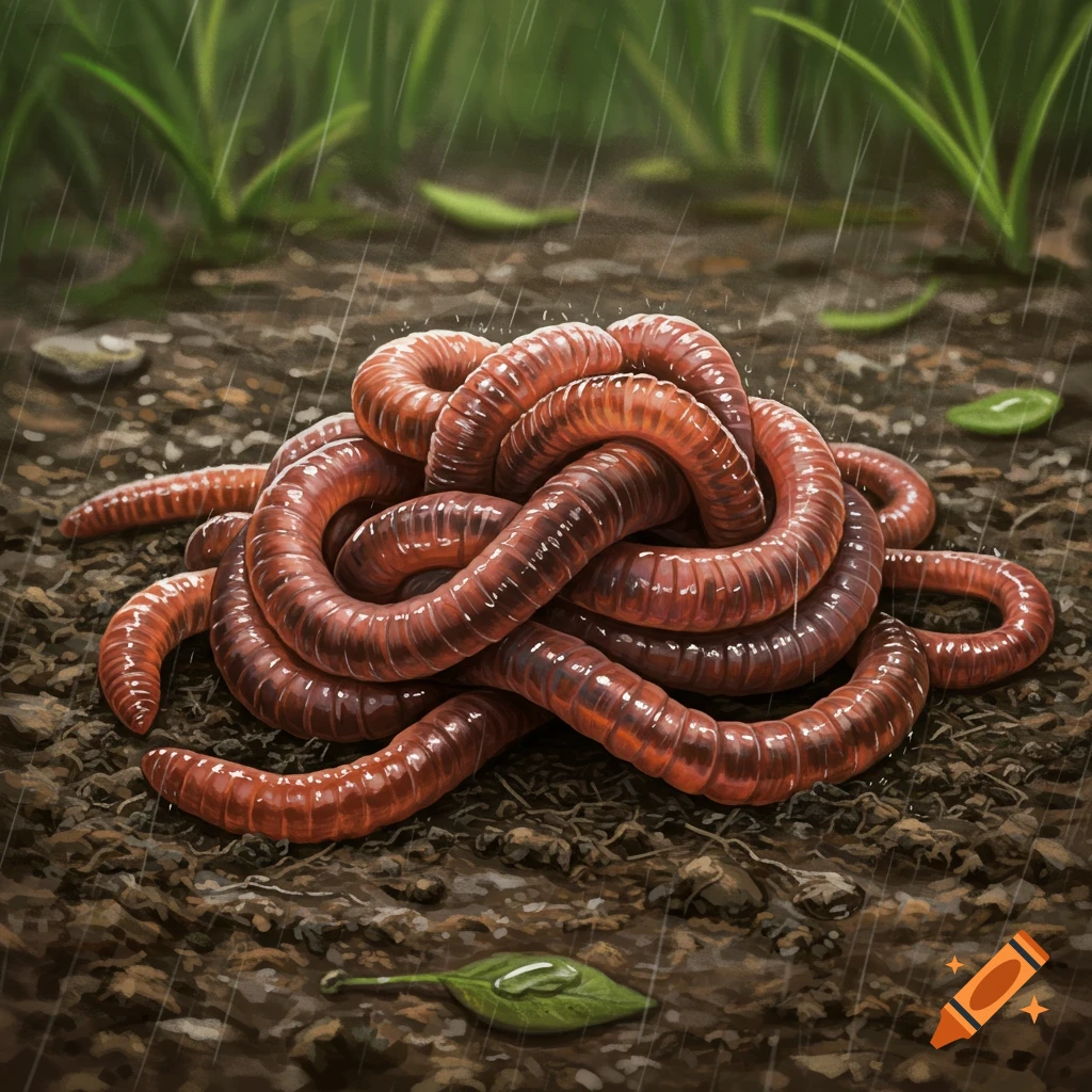 A pile of earthworms wriggling on dark, damp soil with green grass and falling rain in the background.