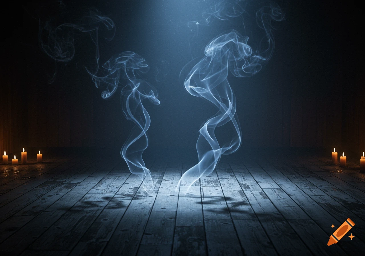 Two ethereal smoke plumes rise from a dark wooden floor, lit by blue light, with flickering candles. Atmospheric.