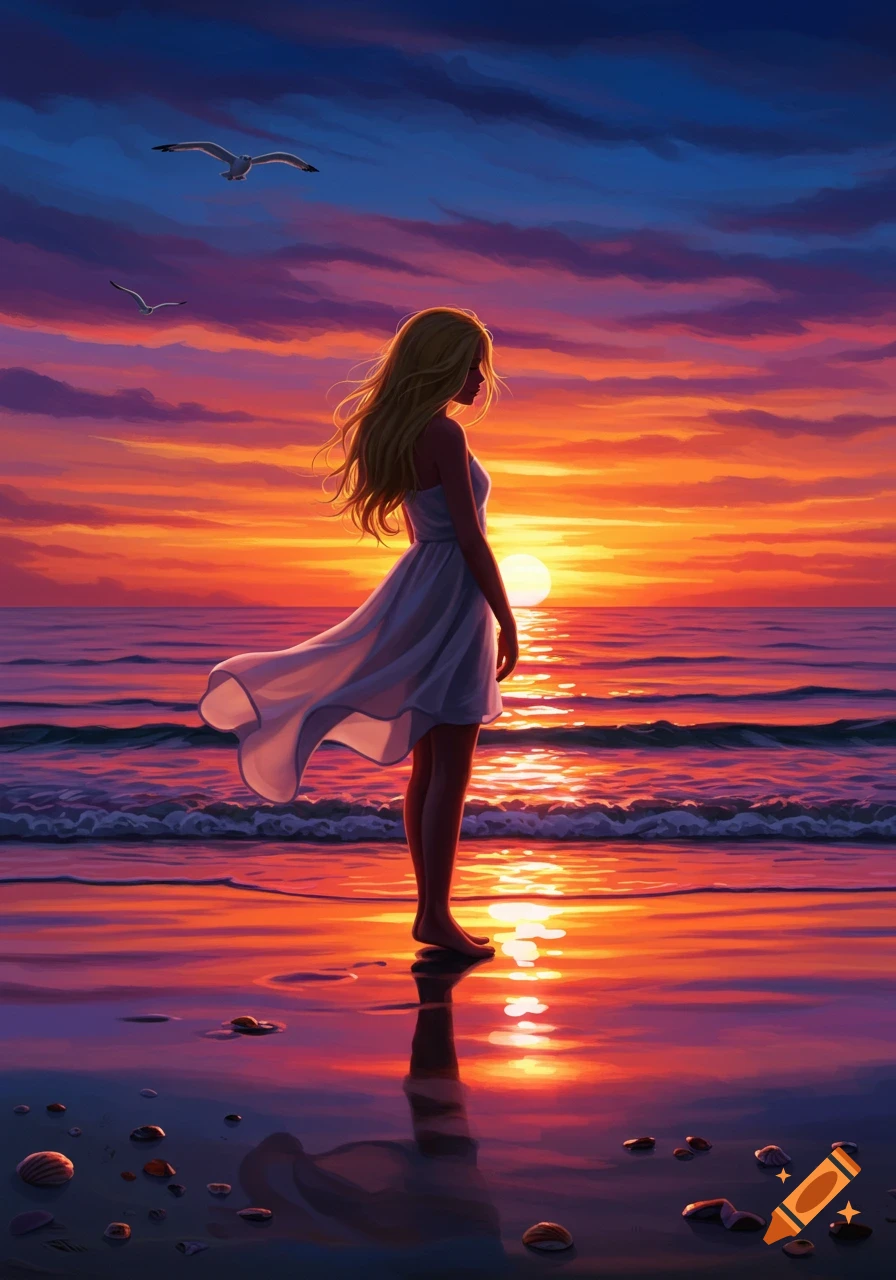 Illustrated young woman in a white dress on a beach, gazing at a vibrant sunset reflecting on the ocean.