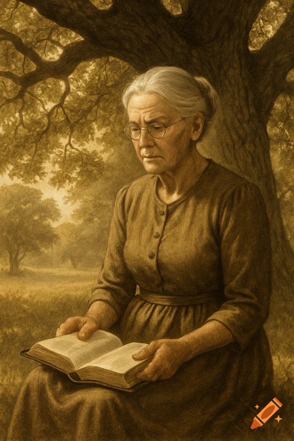 Sepia-toned drawing of an elderly woman with glasses reading a book under a tree in a field.