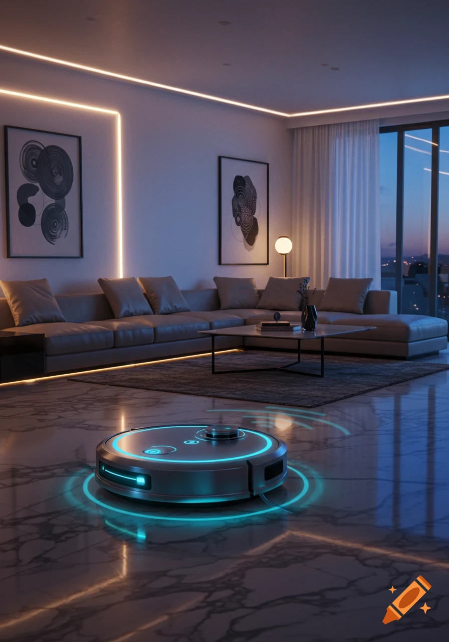 A futuristic robot vacuum cleaner with glowing blue lights on a marble floor in a modern living room at dusk, with ambient wall lighting.