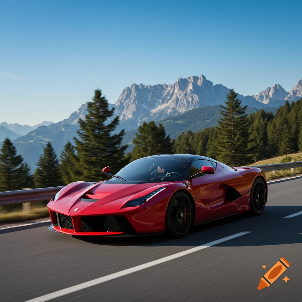 A red Ferrari LaFerrari sports car drives on a mountain road with towering peaks in the background, under a clear blue sky.