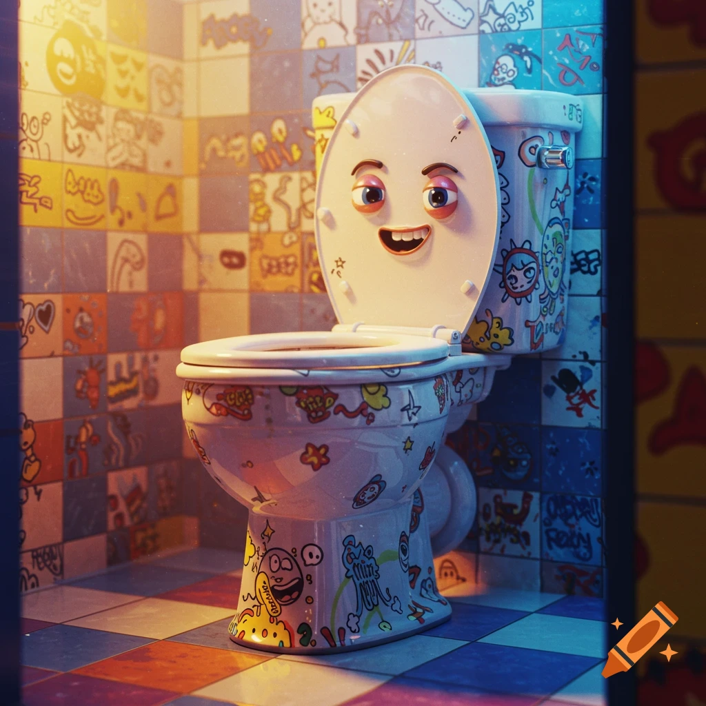 A cartoon toilet with a face on the lid and covered in colorful doodles sits in a bathroom with graffiti-covered tiles.