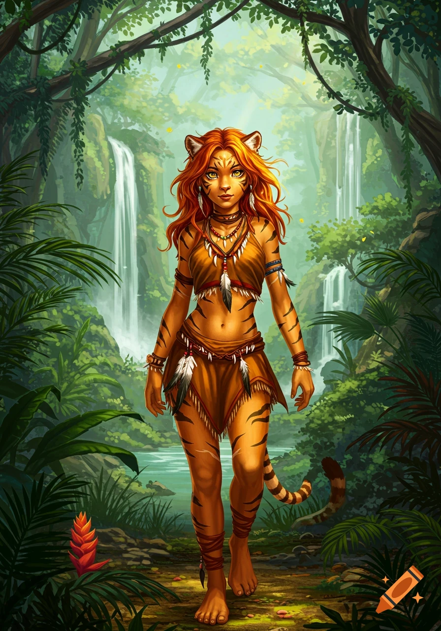 A tiger girl with orange hair and tribal clothes stands barefoot in a lush jungle with waterfalls.