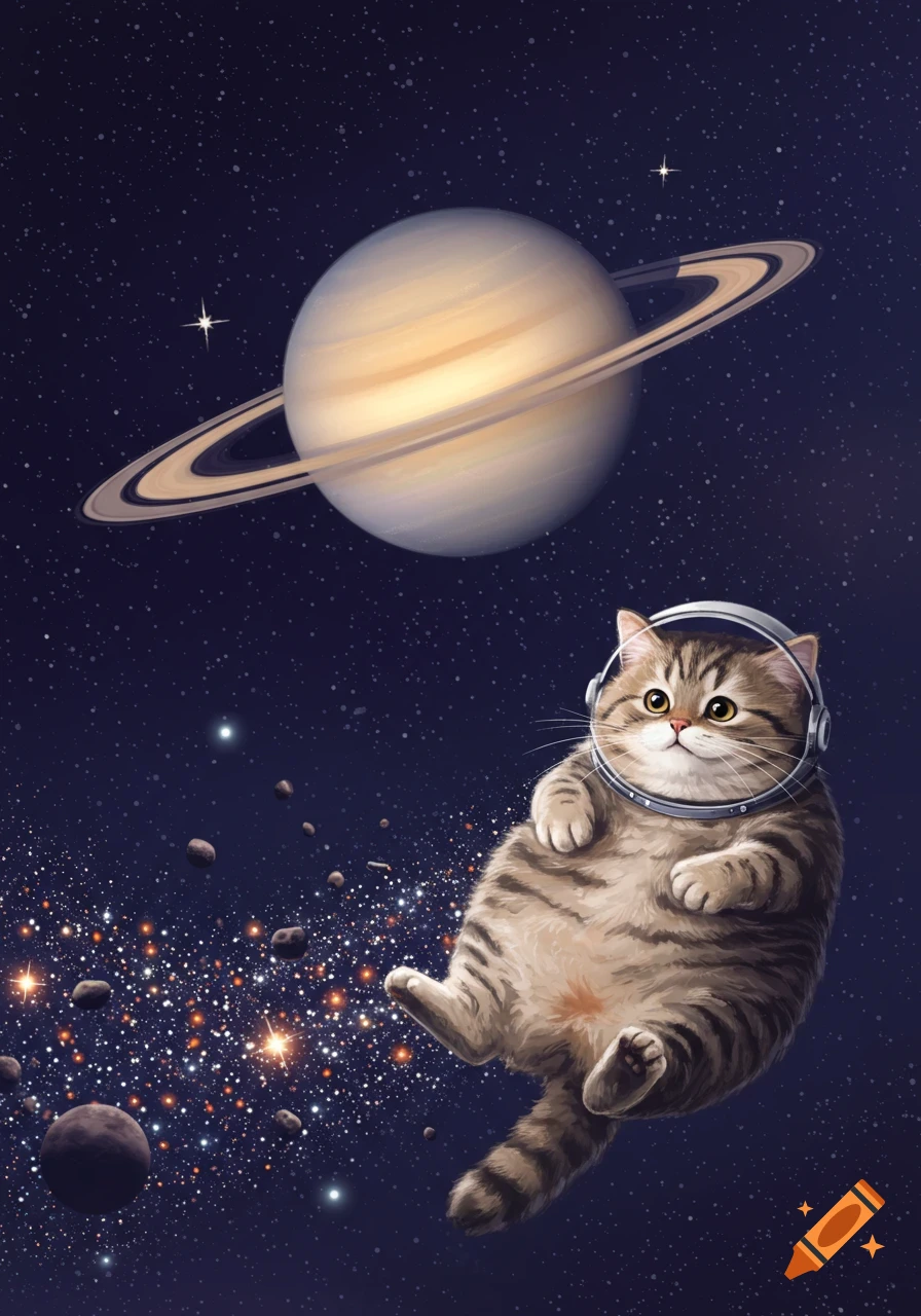 A chubby tabby cat in an astronaut helmet floats in space near Saturn, surrounded by stars and asteroids, in a cute illustration.