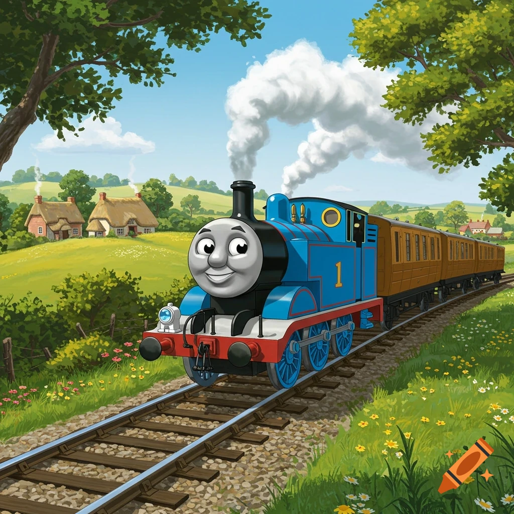 Blue Thomas the Tank Engine pulls brown carriages along railway tracks through a green, hilly countryside with thatched cottages under a clear blue sky.