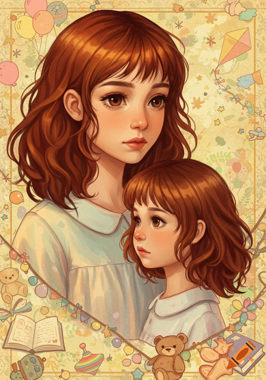 Stylized illustration of an older girl and her younger self surrounded by childhood toys and patterns.