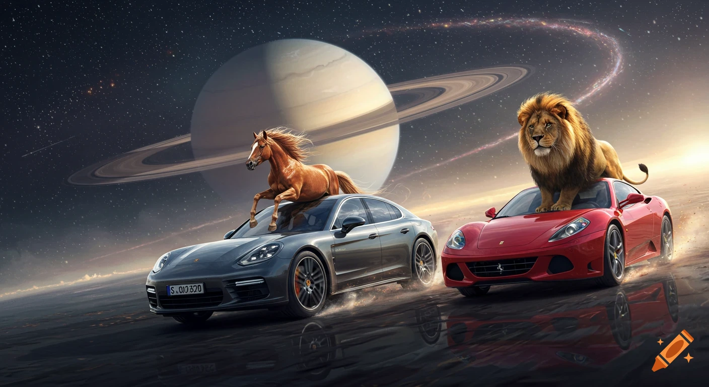A photorealistic image of a horse on a gray Porsche and a lion on a red Ferrari racing across a planet's surface with Saturn in the background.
