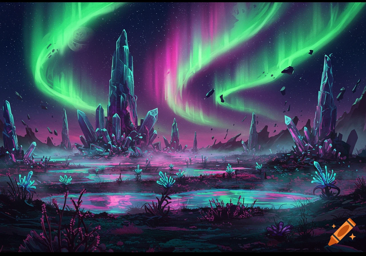 Vibrant neon alien landscape at night with towering crystals, glowing flora, reflective pools, and a bright green and pink aurora in the starry sky.