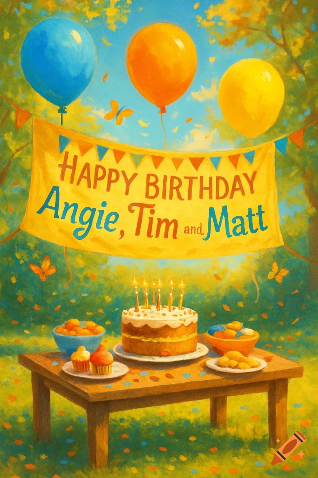 A vibrant, painterly outdoor birthday celebration with a 'Happy Birthday Angie, Tim and Matt' banner, colorful balloons, a cake, and snacks on a wooden table.