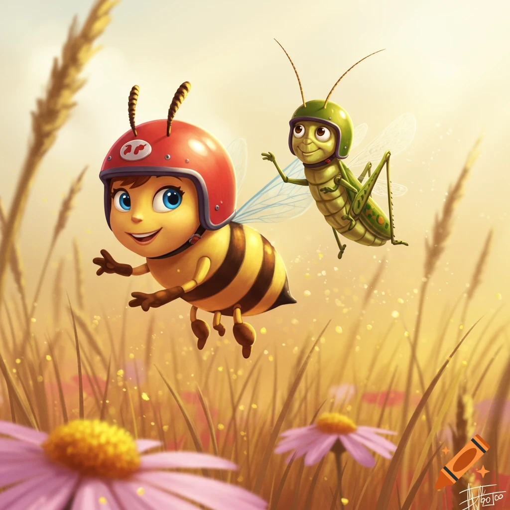 Cartoon bee in a red helmet and grasshopper in a green helmet fly through a sunny field with purple flowers.