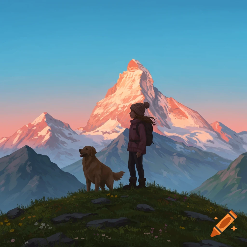 A girl and her dog stand on a grassy hill, gazing at snow-capped mountains bathed in a sunset glow. Illustration.