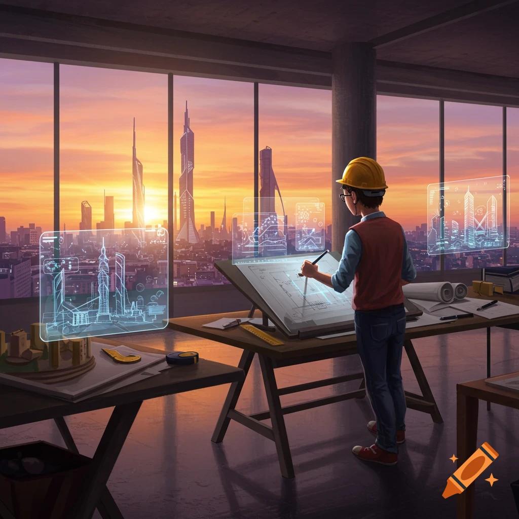 An architect in a hard hat works at a drafting table with holographic blueprints against a futuristic city skyline at sunset.