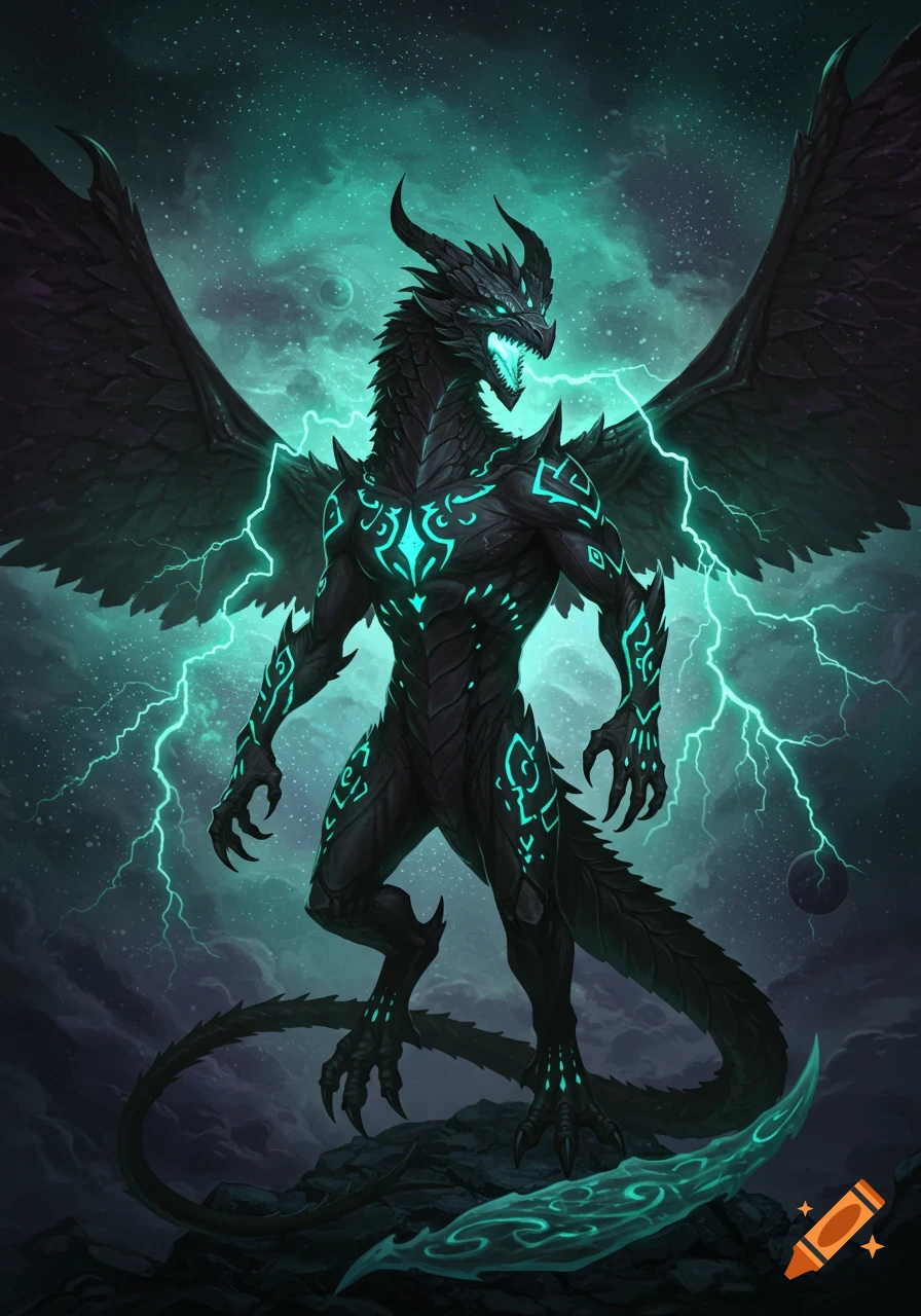 A powerful black bipedal dragon with large wings and glowing cyan patterns stands amidst lightning and a starry, cloudy sky.