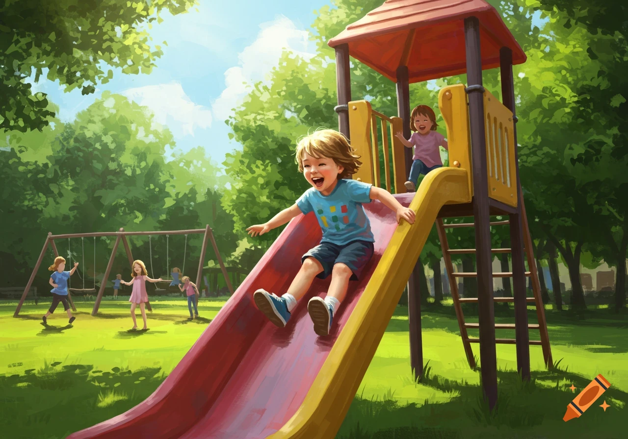 An illustration of happy children playing on a colorful slide and swings in a sunny park with green trees.