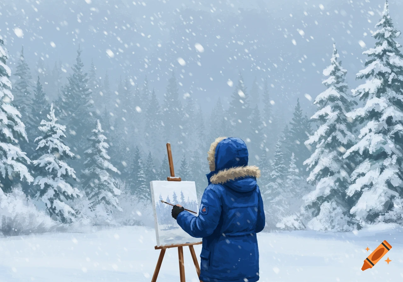 A person in a blue winter coat paints a snowy forest scene on an easel during a snowfall.