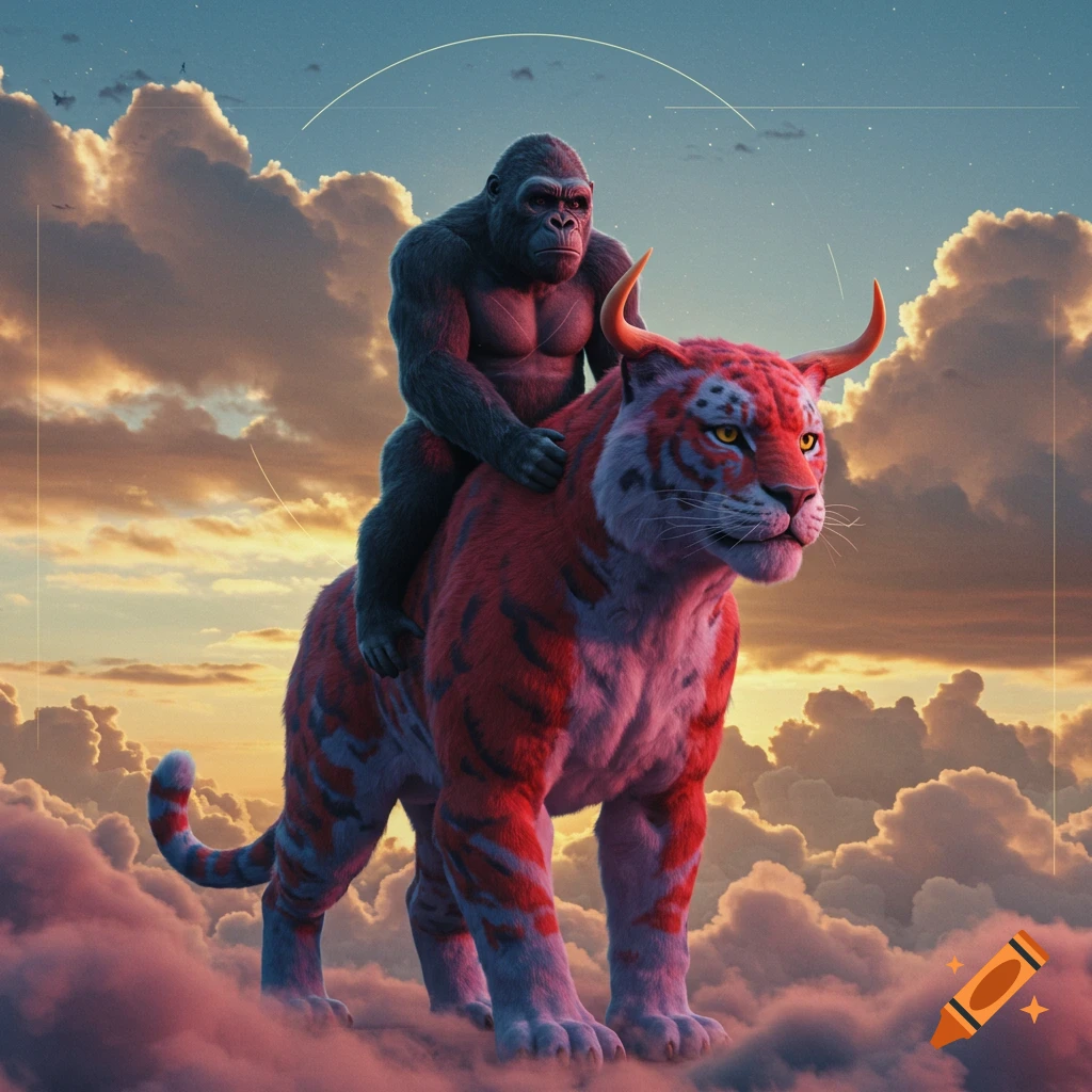 A powerful gorilla rides a red and blue horned tiger through a surreal, cloud-filled dreamscape at sunset in a photorealistic style.