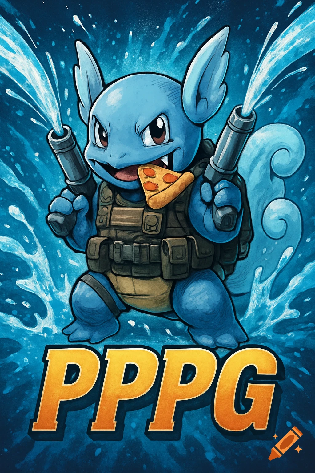 Cartoon Wartortle with tactical gear, firing water cannons, holding pizza in mouth, with 'PPPG' text.