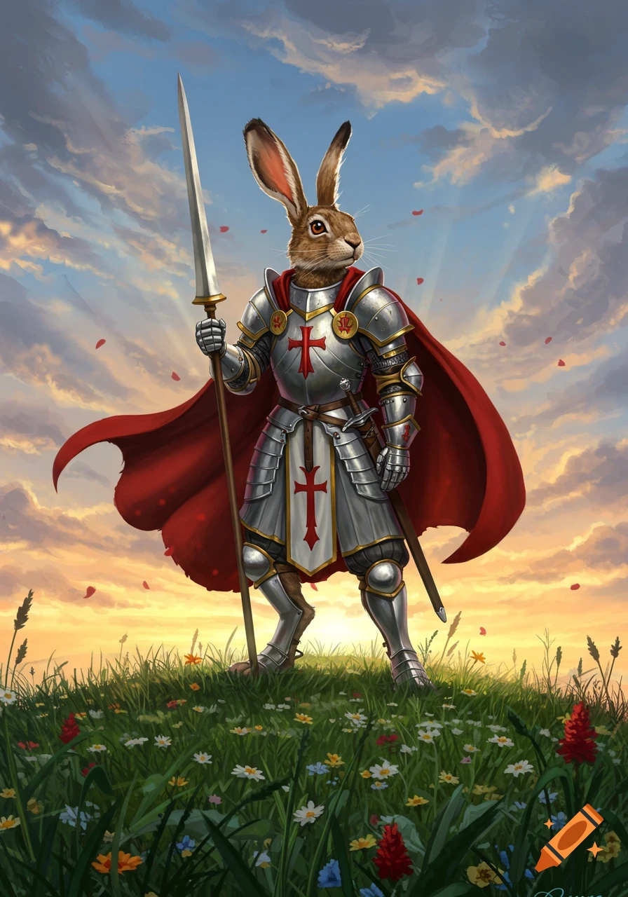 A proud rabbit knight in shining armor with a red cape and Templar crosses stands in a field of flowers, holding a lance against a sunset sky.