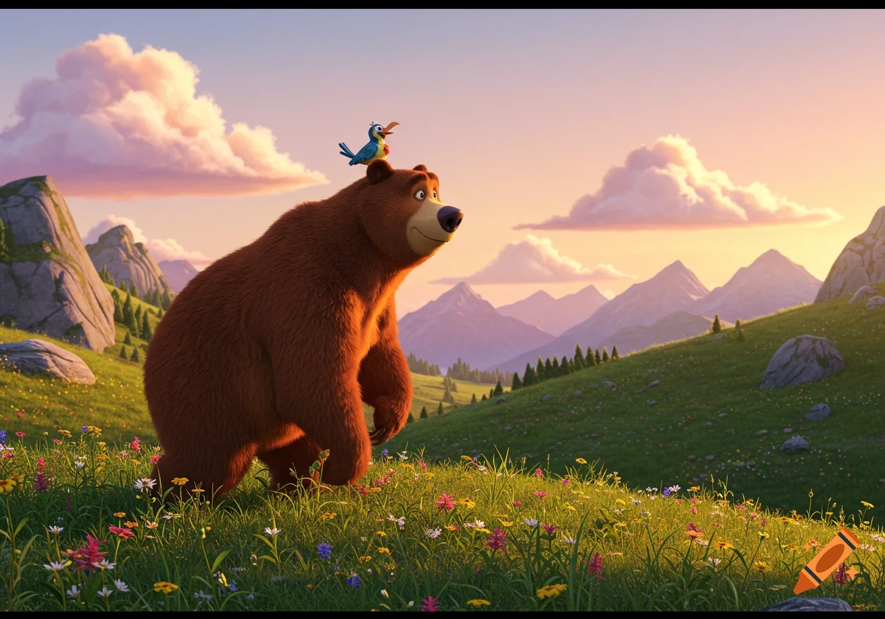 A Pixar-style animated brown bear with a blue bird on its head walks through a wildflower field in a mountainous landscape at sunset.