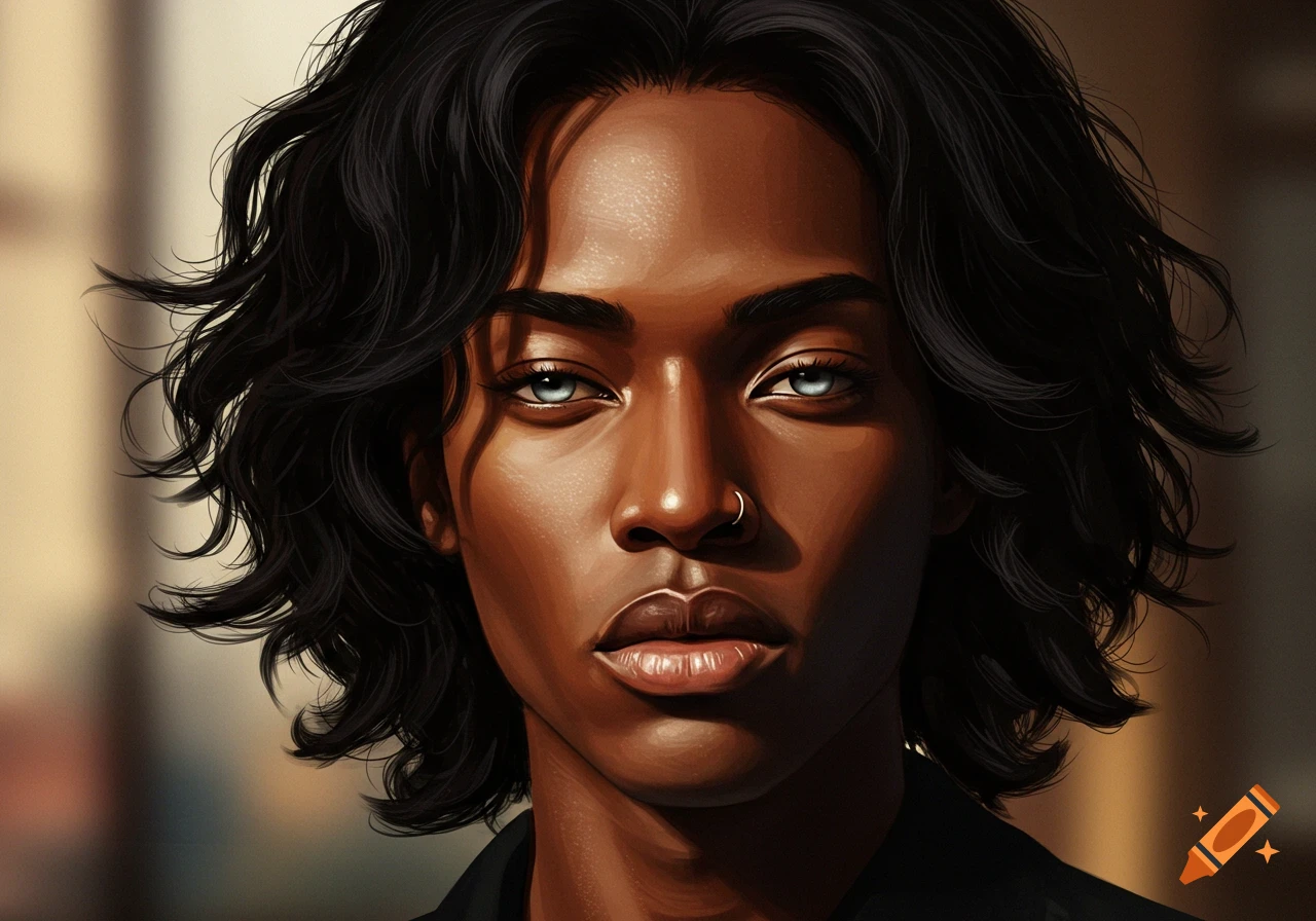 Digital painting of a person with dark skin, dark wavy hair, and striking light blue eyes, with a nose ring.