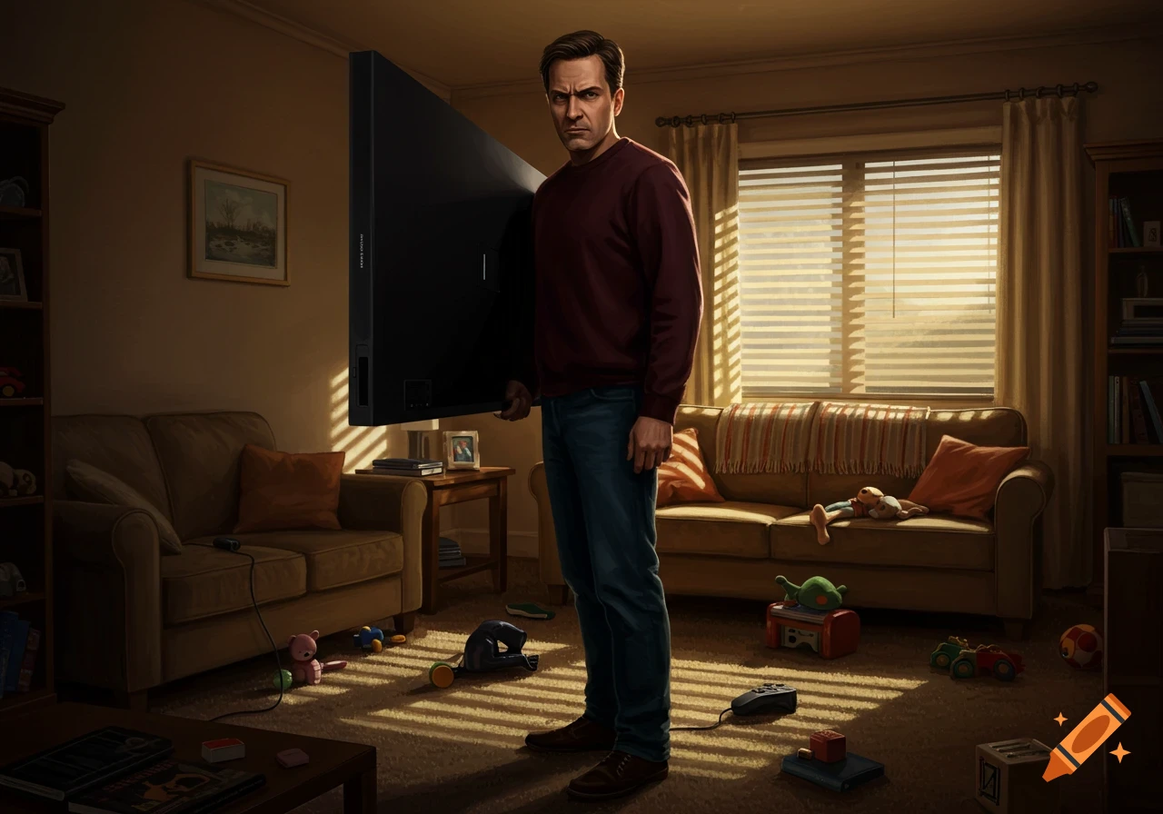 An angry father carries a large flat-screen TV through a messy living room filled with toys, in a photorealistic style.