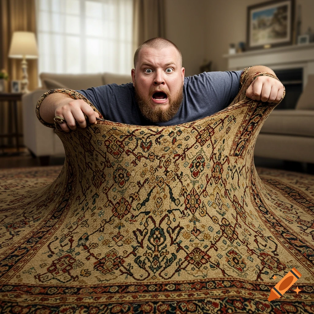 A surprised, stout man with a beard appears to be sinking into a photorealistic, patterned carpet that has become like quicksand in a living room.