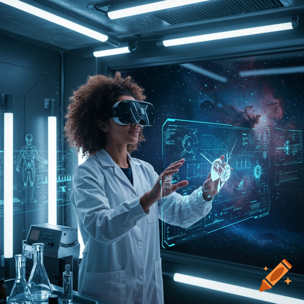 A woman in a lab coat and VR headset interacts with holographic screens displaying data in a futuristic lab.