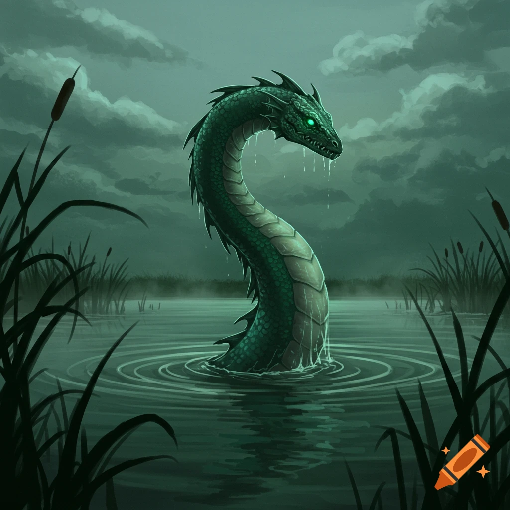 A green, scaled lake monster with glowing eyes emerges from dark water in a swampy landscape under a cloudy sky, digital painting.