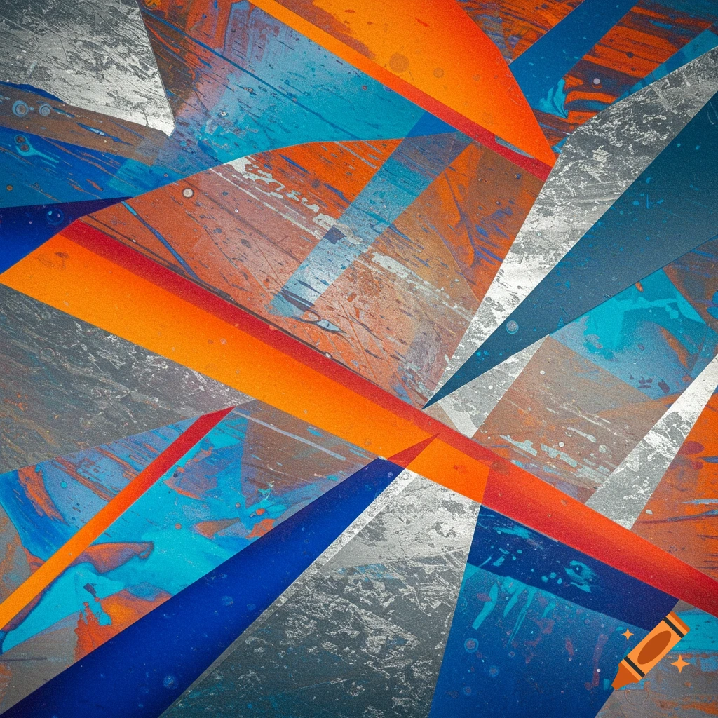 Abstract painting with intersecting orange, blue, and silver geometric shapes and distressed textures.