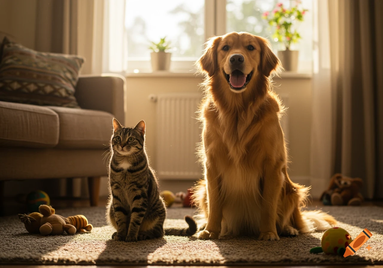 A friendly golden retriever dog and a curious tabby cat sit side-by-side on a cozy living room floor with sunlight.