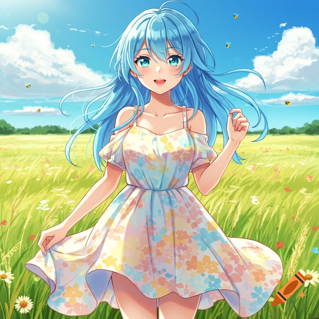An anime girl with light blue hair in a floral summer dress stands smiling in a sunny green field with scattered flowers and bees.