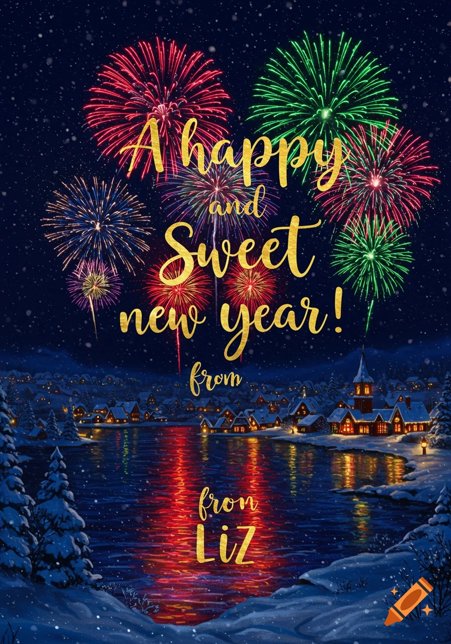 A vibrant New Year's greeting card showing a snow-covered village by a lake under fireworks and falling snow.