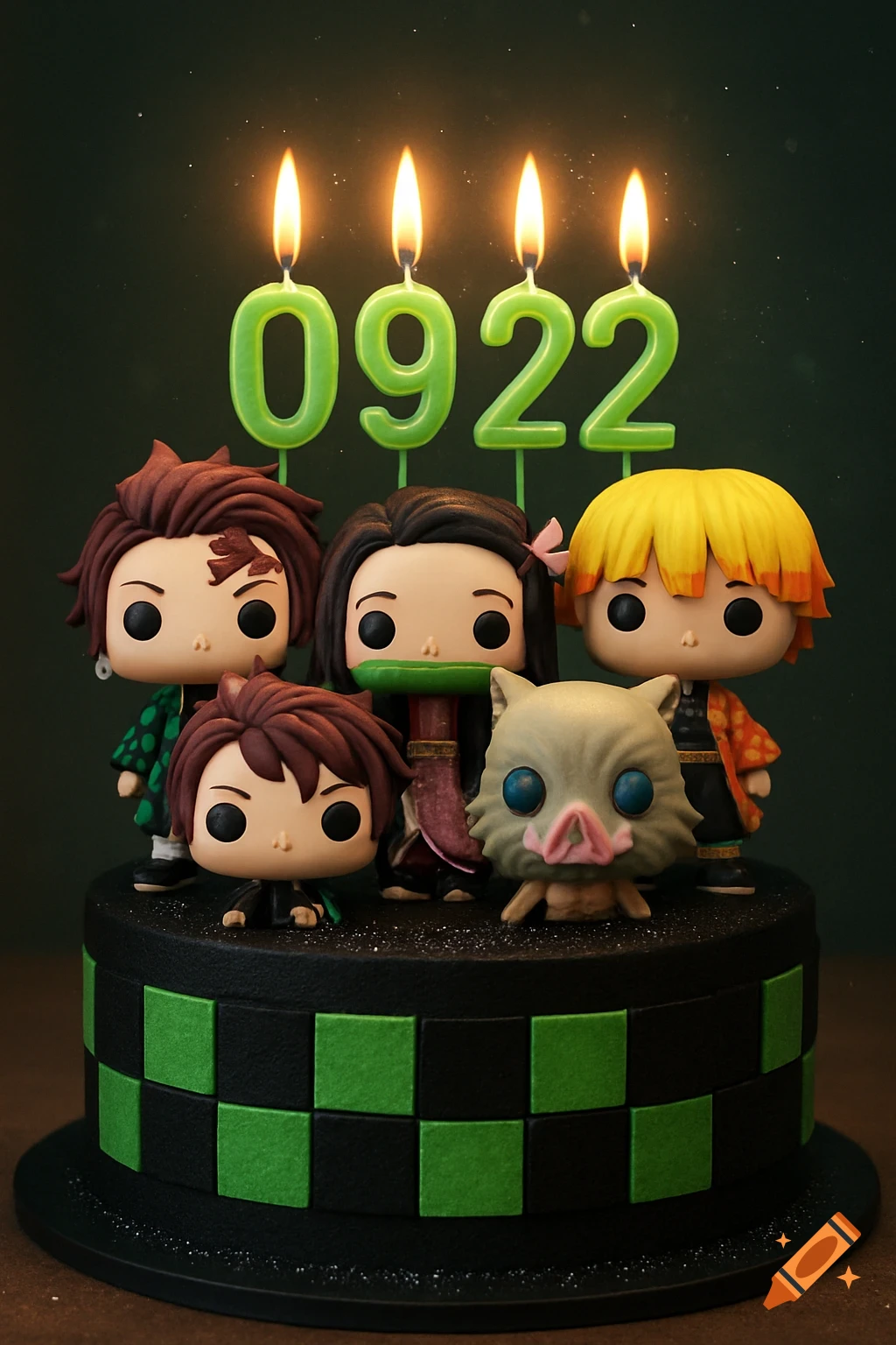 Funko Pop figures of Demon Slayer characters on a black and green checkerboard birthday cake with 0922 candles.