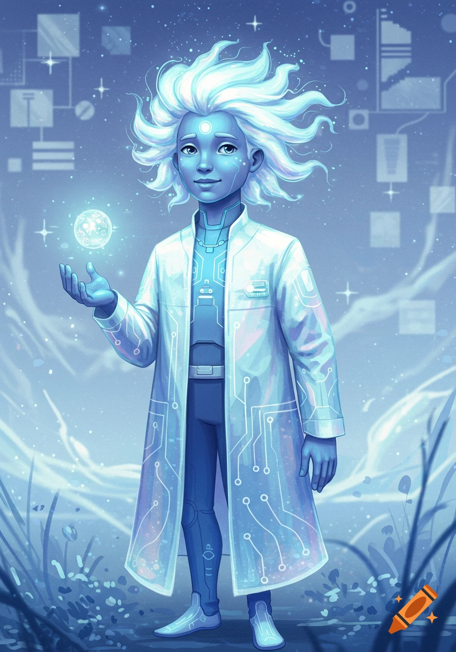 Blue and white glowing humanoid in a futuristic lab coat with circuit patterns, holding a luminous orb in a digital-nature landscape.