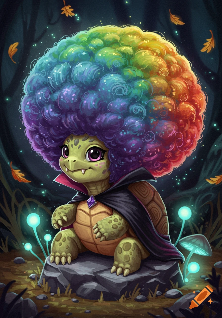 Cute cartoon turtle in a vampire cape with a rainbow afro, sitting on a rock in a magical forest with glowing mushrooms.
