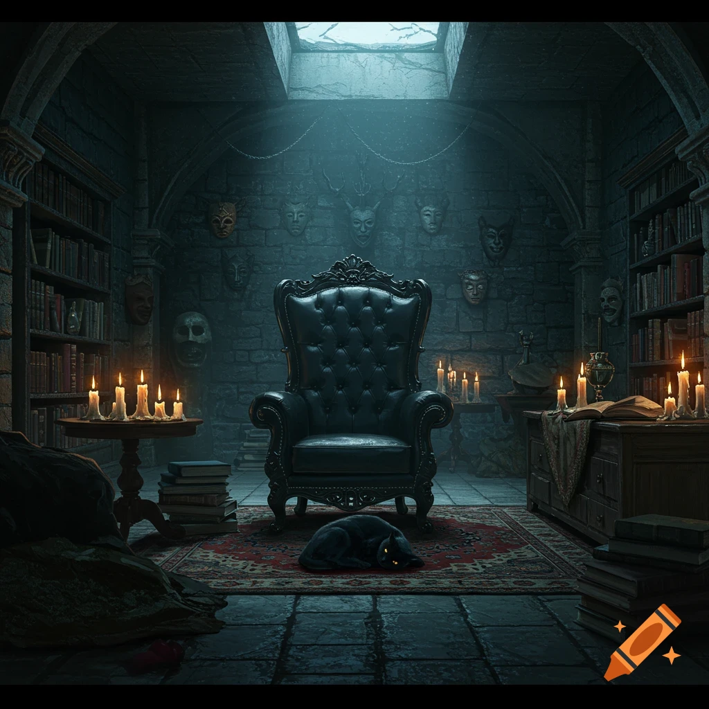 A dark gothic room with a black tufted armchair, bookshelves, masks on stone walls, glowing candles, and a sleeping black cat on a rug.