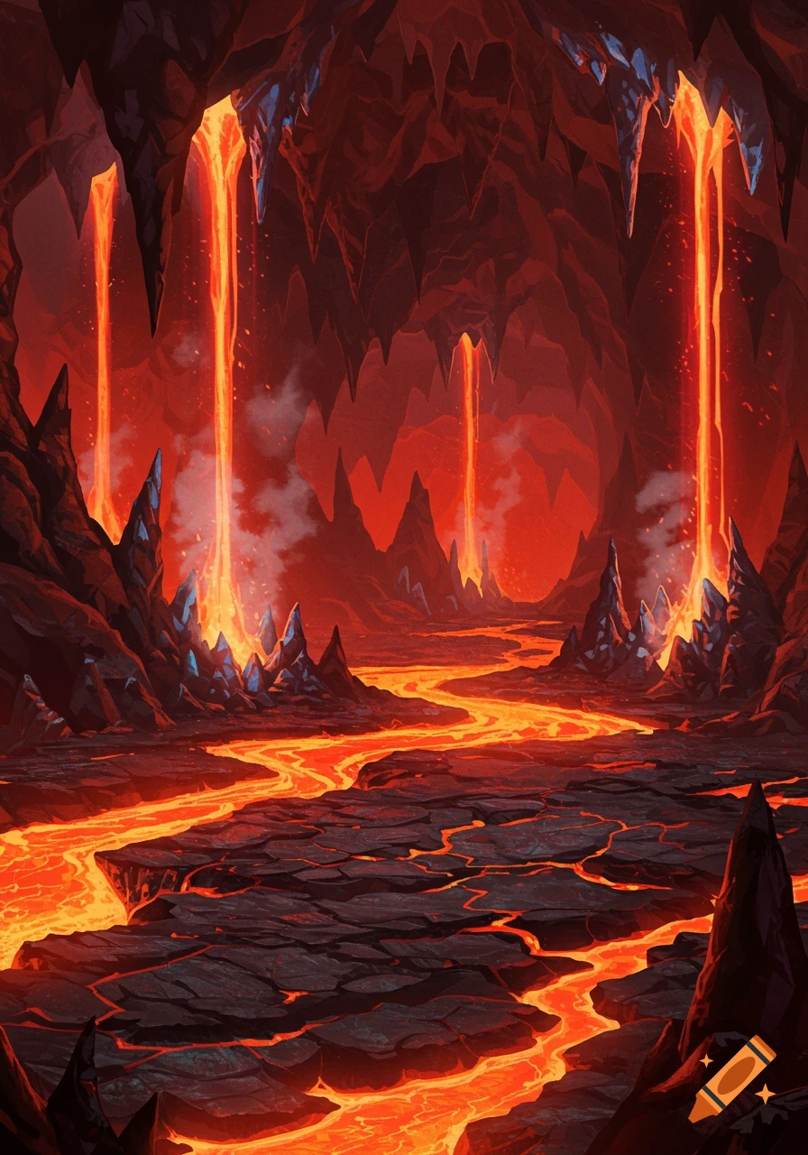 Vibrant illustration of a dark cave interior with glowing orange lava rivers and waterfalls flowing down from jagged stalactites.