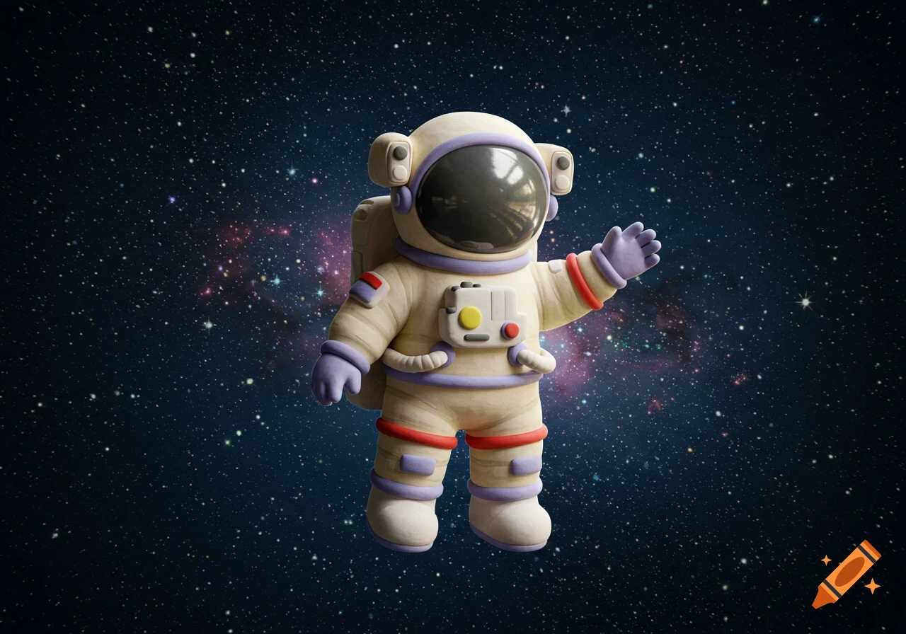 A cute claymation-style astronaut in a beige and purple suit waves against a starry galaxy background.