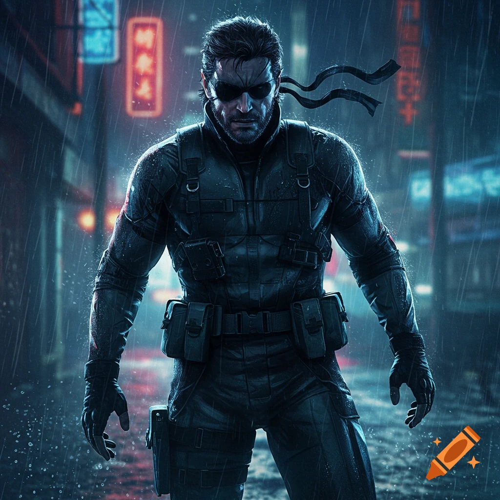 A gritty man resembling Solid Snake in tactical gear and sunglasses stands in a rainy cyberpunk city street.