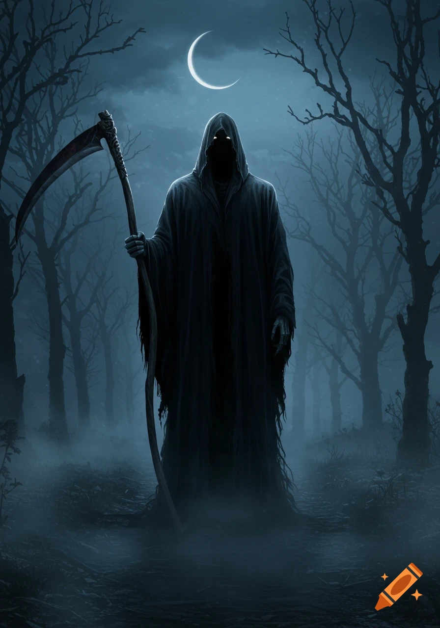 The Grim Reaper with a scythe stands in a dark, foggy forest under a crescent moon, glowing eyes visible under his hood.