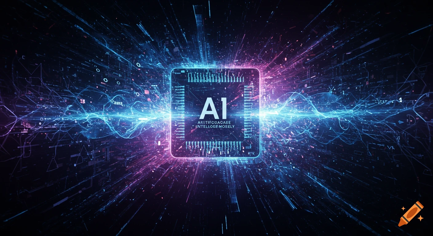 An abstract, futuristic digital landscape with a glowing central AI chip surrounded by swirling data streams and vibrant blue and pink lights.