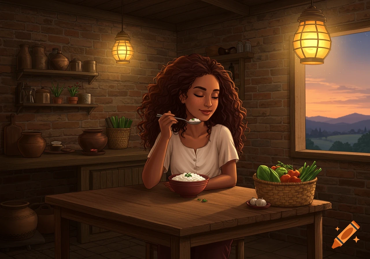 Illustration of a woman with curly hair eating rice at a rustic kitchen table, with vegetables and a sunset view.