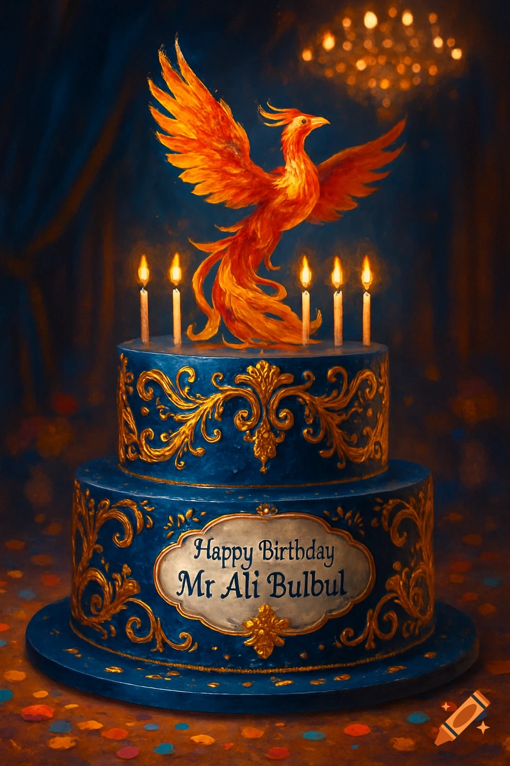 A two-tier blue and gold birthday cake with a fiery orange phoenix, five lit candles, and 'Happy Birthday Mr Ali Bulbul' text. Confetti on table.