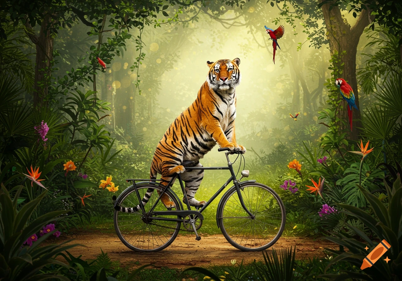 A photorealistic tiger rides a bicycle on a dirt path through a vibrant, sunlit jungle, with colorful birds and flowers.