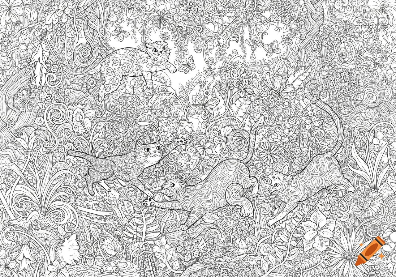 Detailed line art coloring page of four cats playing and hunting butterflies in a dense jungle with tangled plants and vines.