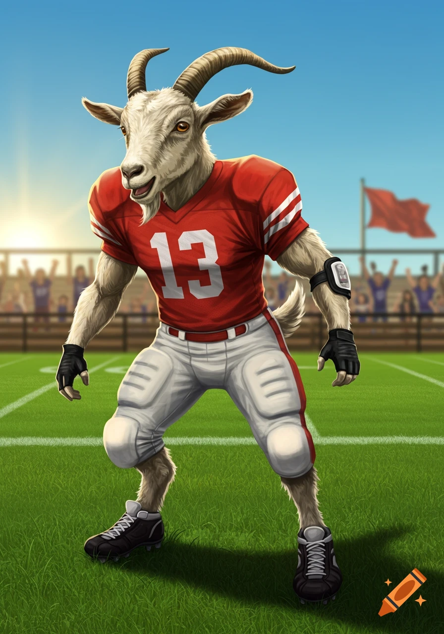 An anthropomorphic goat mascot wearing a red football uniform with the number 13 stands on a green football field under a clear blue sky.