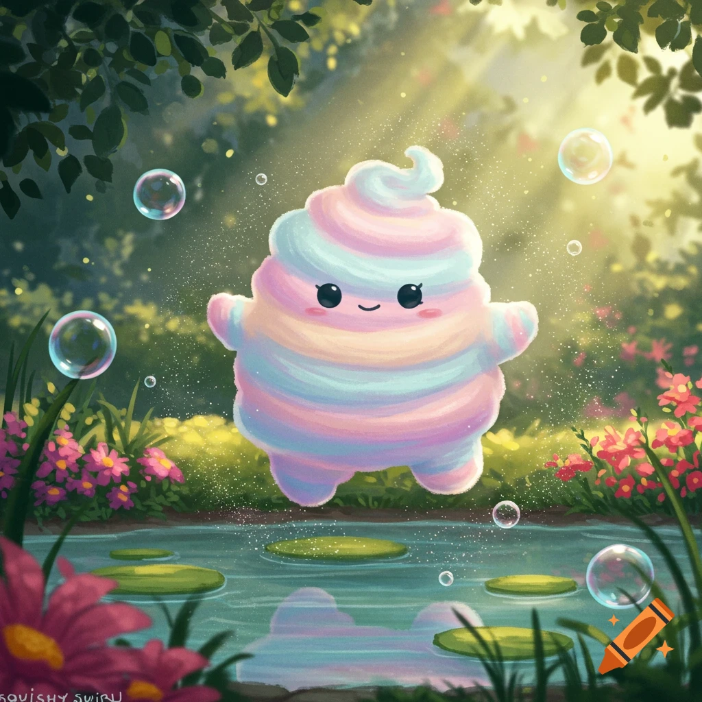 A whimsical pastel cotton candy-like creature smiles in a sunlit garden with a pond, lily pads, flowers, and floating bubbles.