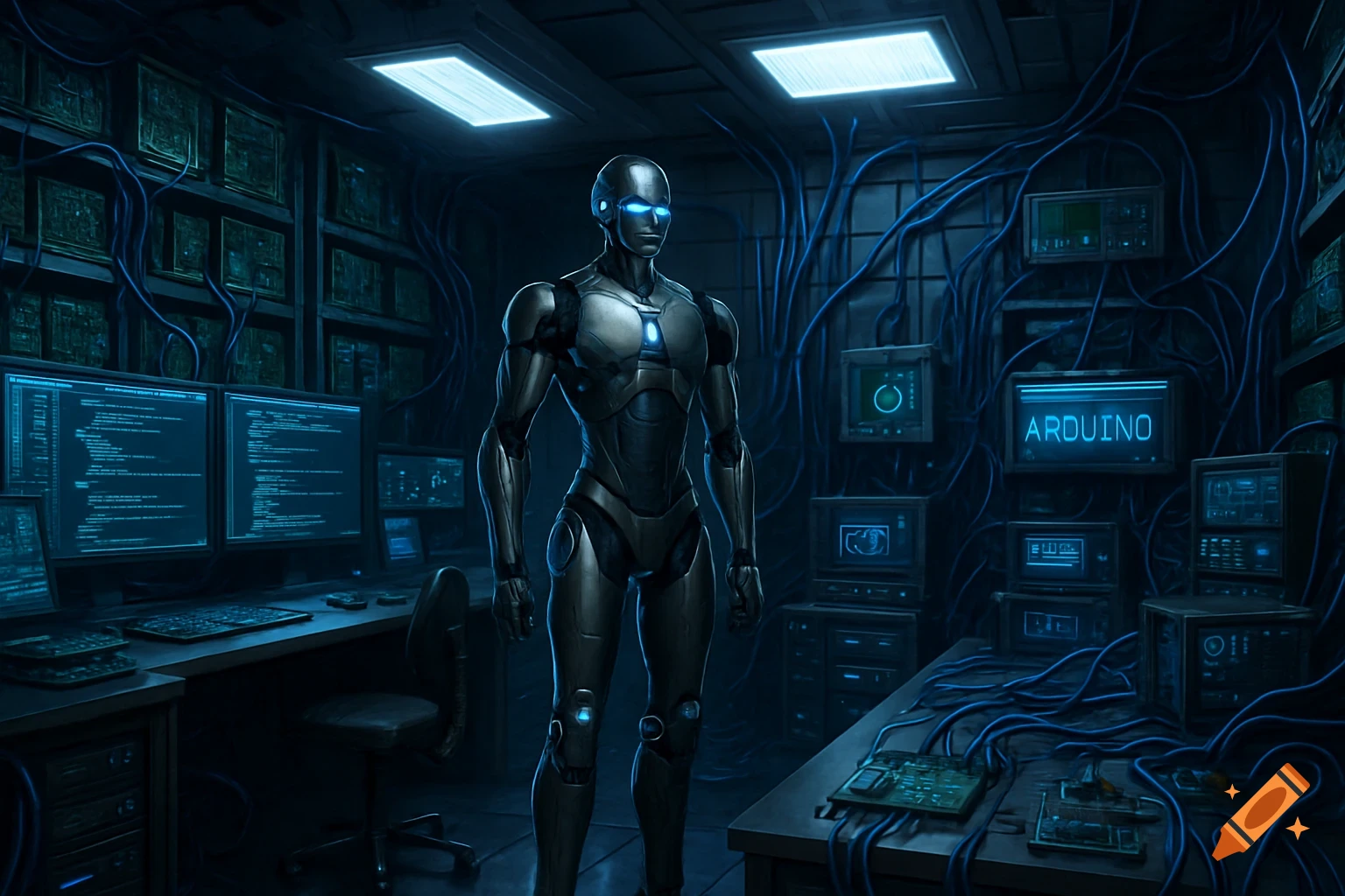 A humanoid robot stands in a dark technology room filled with glowing computer screens and tangled blue wires.