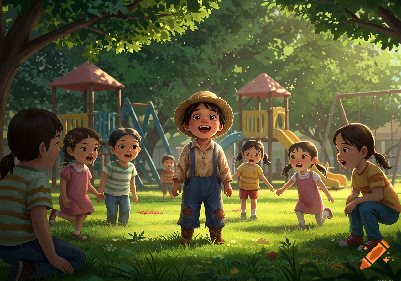Illustration of happy children playing in a sunny park with playground equipment. One boy in a straw hat smiles broadly.